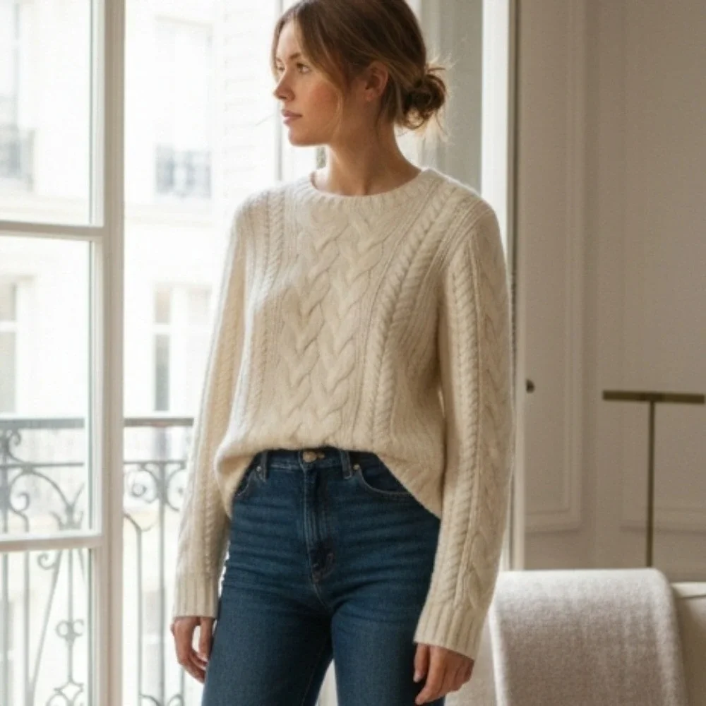 J. Crew Handknit Cozy Cream Cable Knit Sweater Wool‎ Angora Quiet Luxury Small